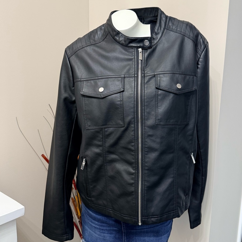NEW New York & Co Black Vegan Leather Coated Moto Bomber Jacket Sz XXL MSRP $119